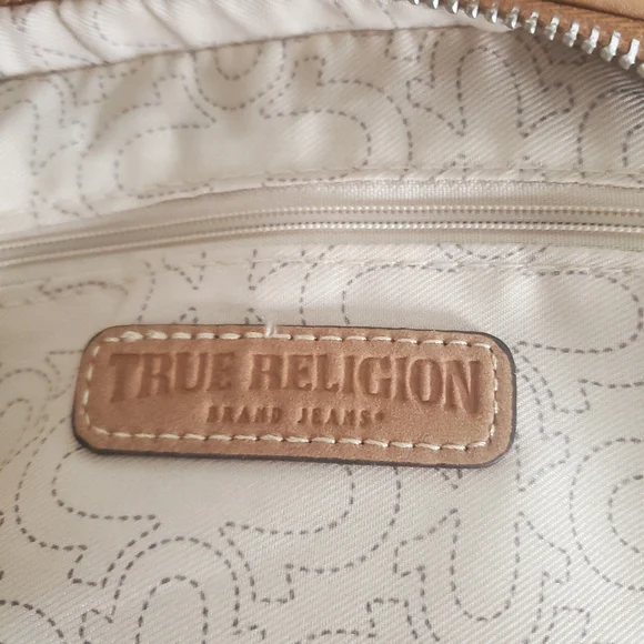 True Religion Suede PU Hobo Crossbody Bag Tan Adjustable Strap Zip Top Y2k Urban - Picture 14 of 15